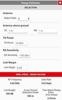 With the ‘Range Estimator,’ ranges can be calculated depending on a given data rate and link budget.